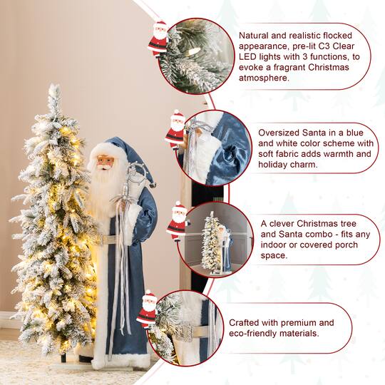 Glitzhome® 3.5ft. Oversized Deluxe Blue Christmas Santa with 4ft Lighted Flocked Artificial Christmas Tree
